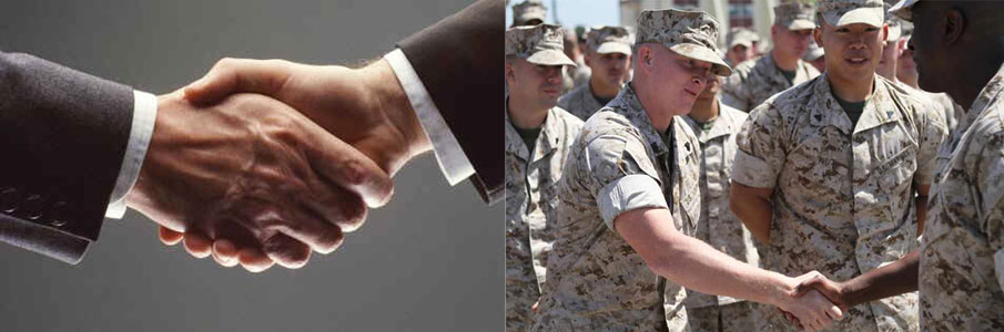 Photos of two hands shaking and two marines about to shake hands